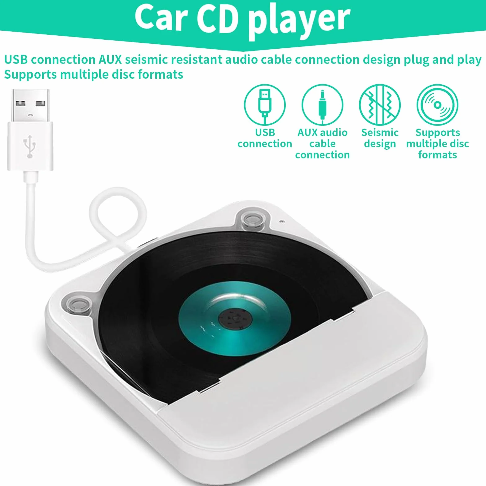 Reproductor de CD portátil para coche USB AUX externo blanco con mando a distancia