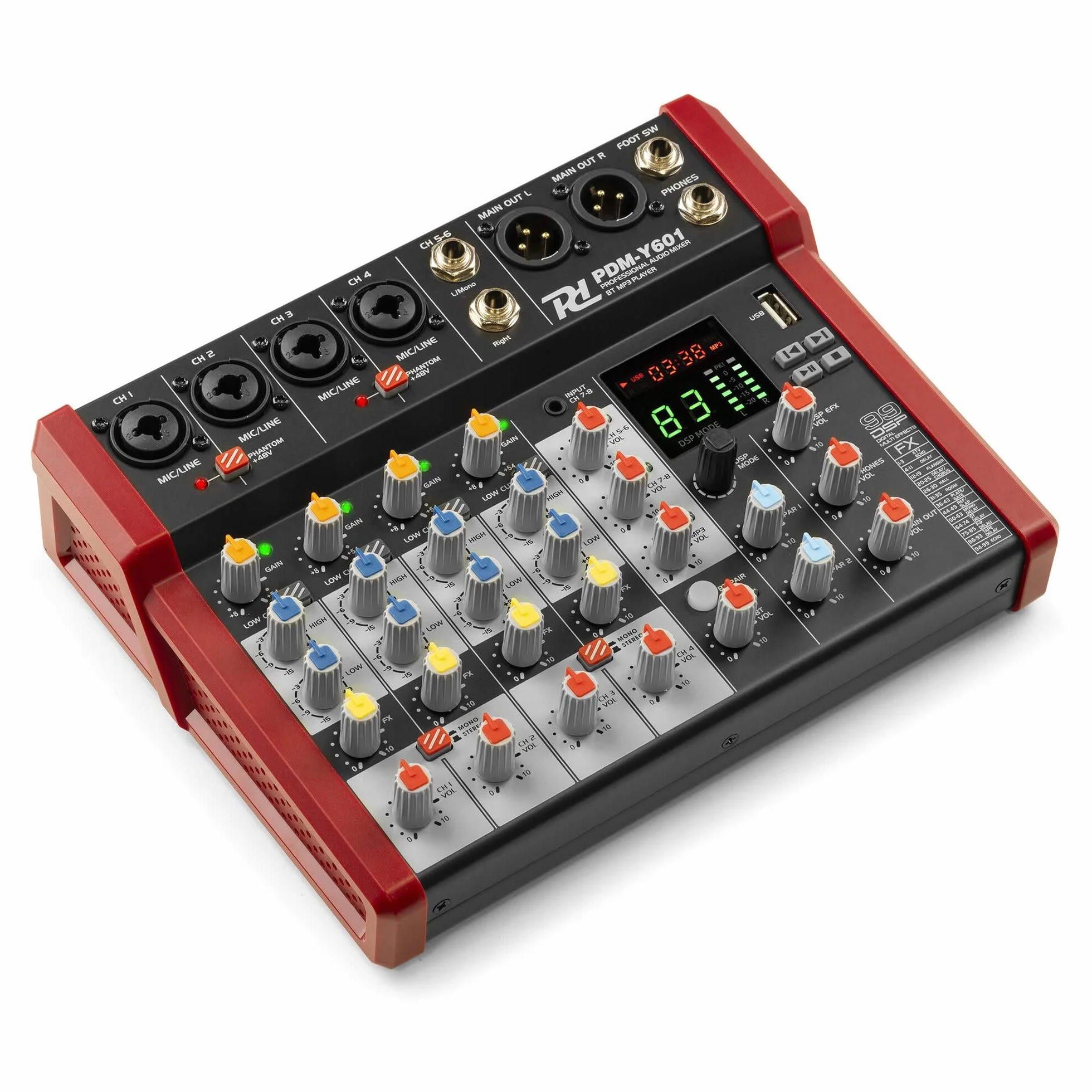 Power Dynamics PDM-Y601 Mezclador de audio 6 canales. Mesa de mezclas con Bluetooth, alimentación phantom de 48 V, USB-C. Mezclador de audio para estudio, 99 efectos DSP, 24 bits, 48 kHz, Jack, XLR