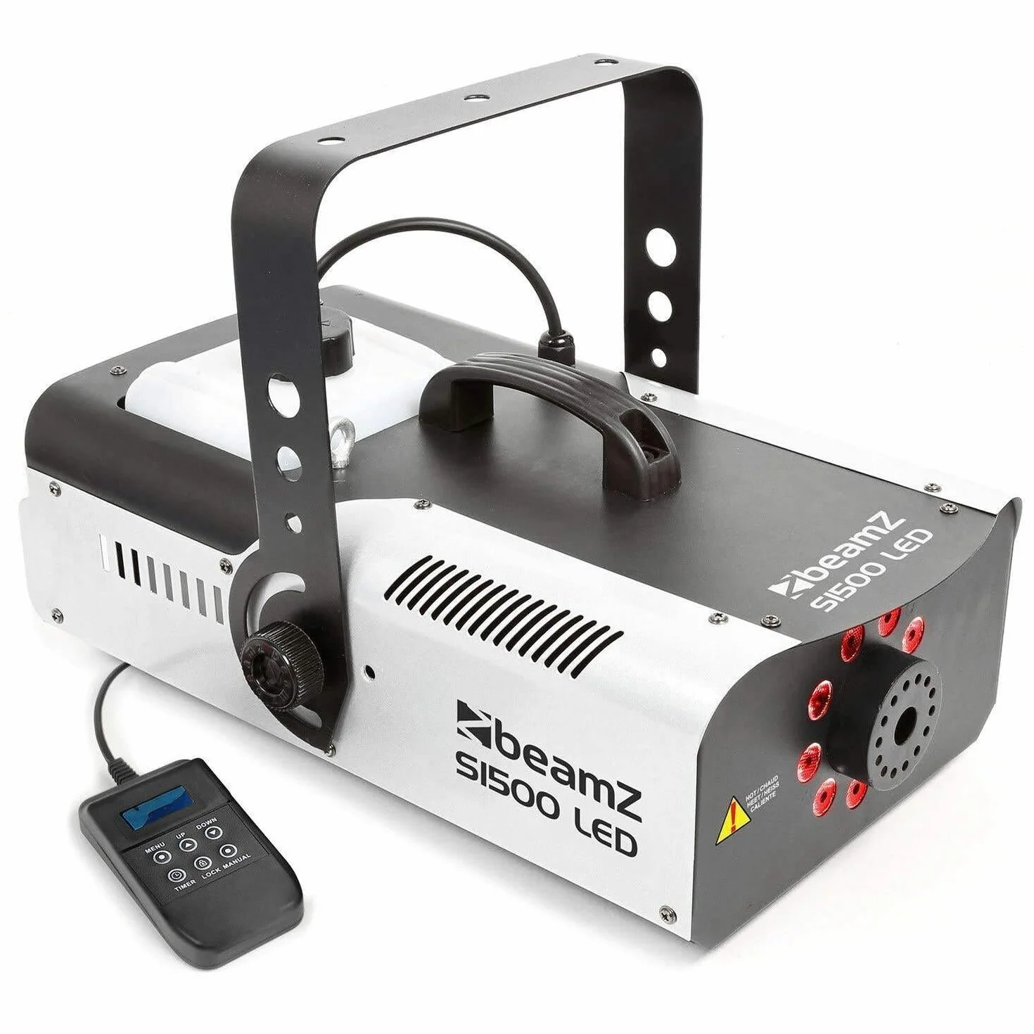 Beamz S1500 LED Máquina de Humo de 1500W con 9 Leds de 3W RGB, DMX de 6 canales, depósito de 2,5 litros, mando a distancia con cable de 3 metros y mando inalámbrico, maquina humo discoteca, halloween