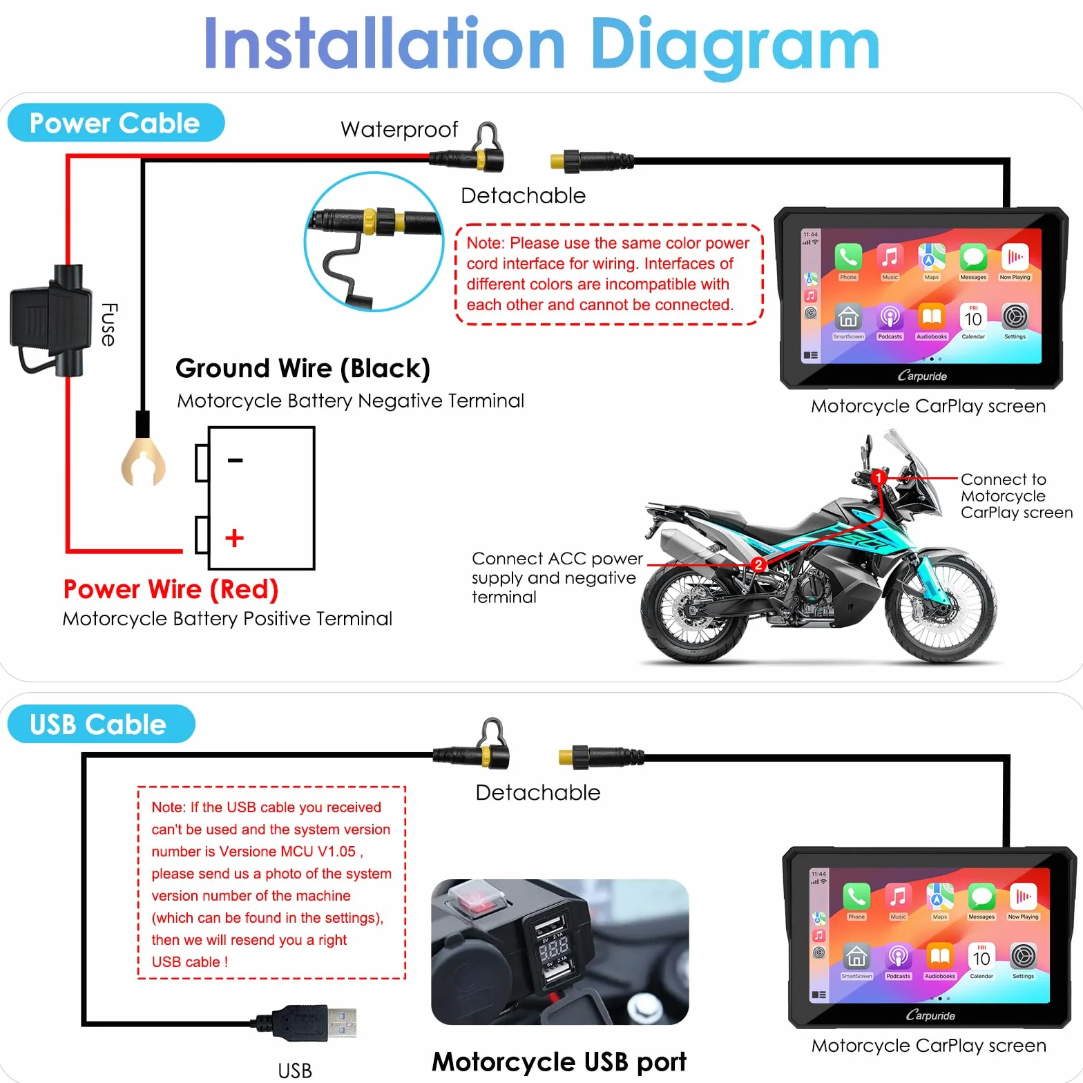 Carpuride W702 Pantalla GPS Carplay 7 Pulgadas Motocicleta CarPlay Inalámbrico Android Auto Pantalla Táctil Impermeable Bluetooth Navegación