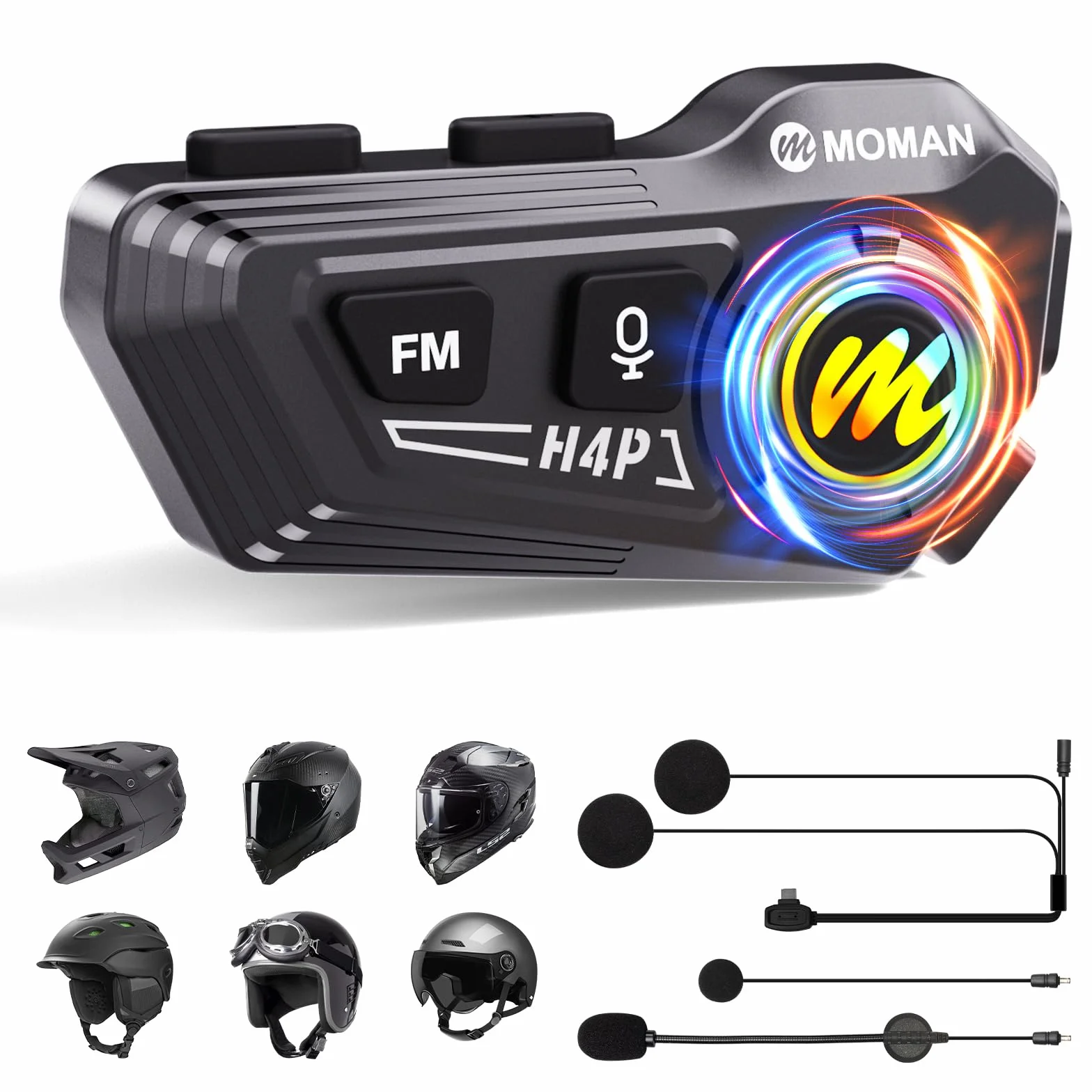 Moman Auriculares Casco Moto - Asistente de Voz, RS-H4P Manos Libres Auriculares Inalámbricos HiFi Estéreo Dual Reducción de Ruido Batería 1000mAh/RGB/Radio FM/Botón Apto para Guantes