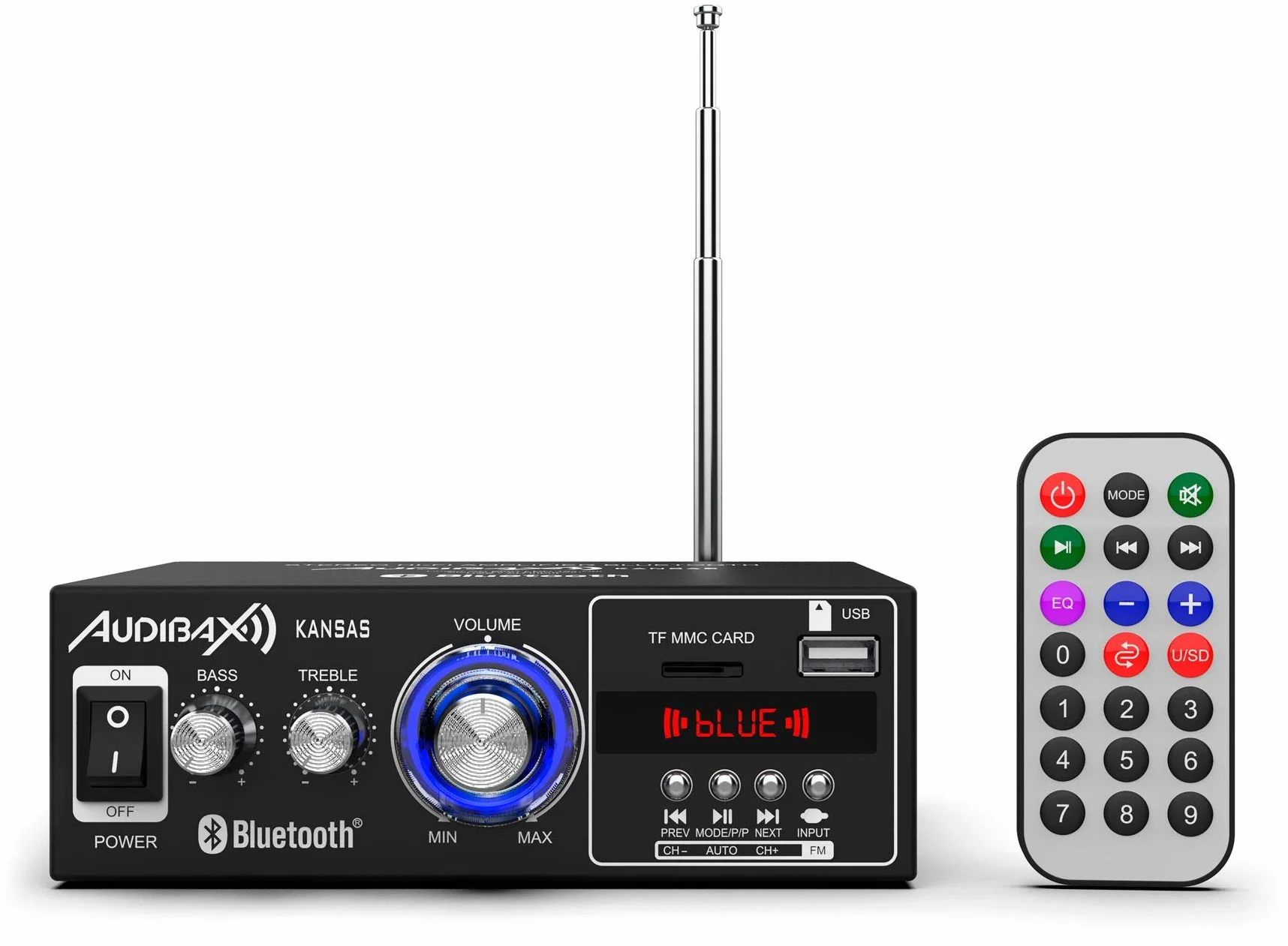 Audibax Kansas - Amplificador de Audio HiFi - Conexión Bluetooth - Potencia de 40W + 40W - Entradas para Micrófonos, SD y USB - Amplificador HiFi Estéreo con Reproductor MP3 y Radio FM