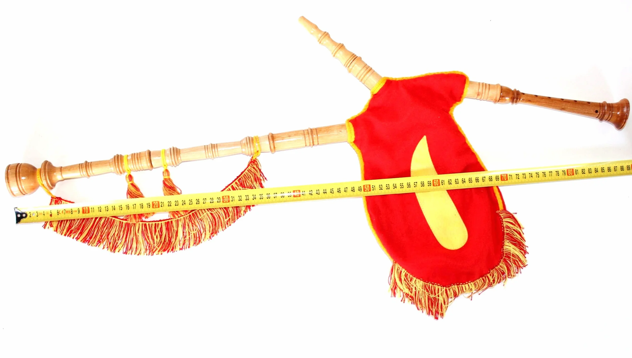Gaita gallega Juguete, Fieltro Rojo lágrima Amarilla, Madera Fresno Lacado Natural, Fuelle Fieltro Rojo, Flecos Bandera española, Cordon Amarillo, para niños Que empiezan a Dar Sus primeras Notas.