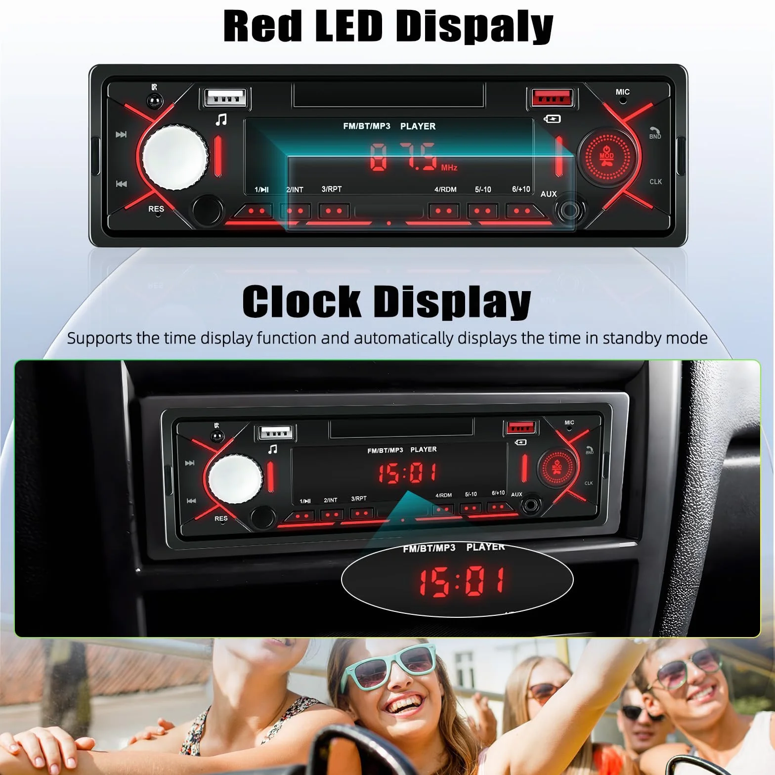 Radio de Coche Bluetooth 1 DIN, Autoradio soporta FM Radio, AUX/TF, Reproducción USB y Carga, Entrada de Disco Pantalla de Tiempo