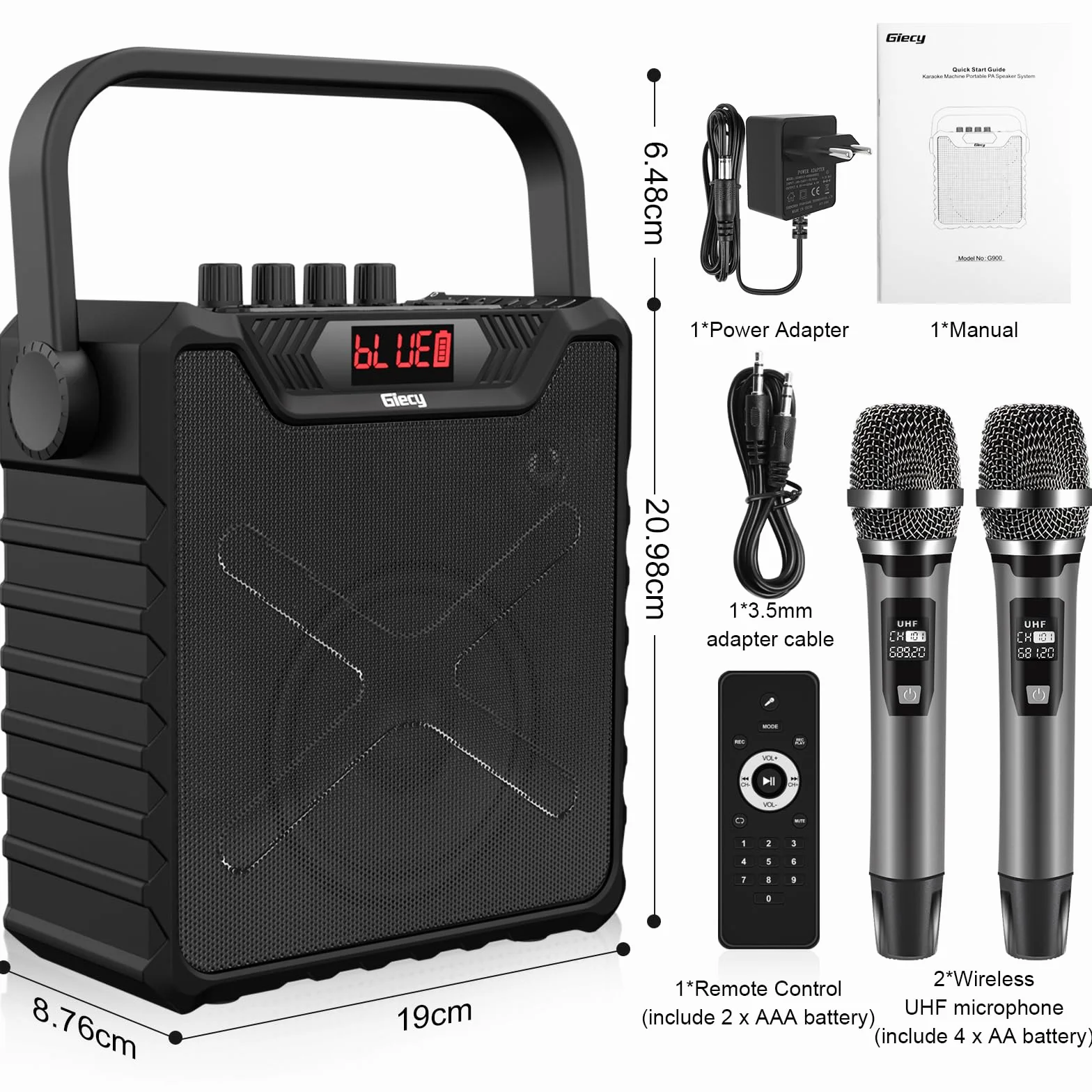 Amplificador de Voz con 2 Micrófonos Inalámbricos UHF, Portátil Altavoz Karaoke con Sistema PA para Fiestas y Altavoz Bluetooth con Bass Boost