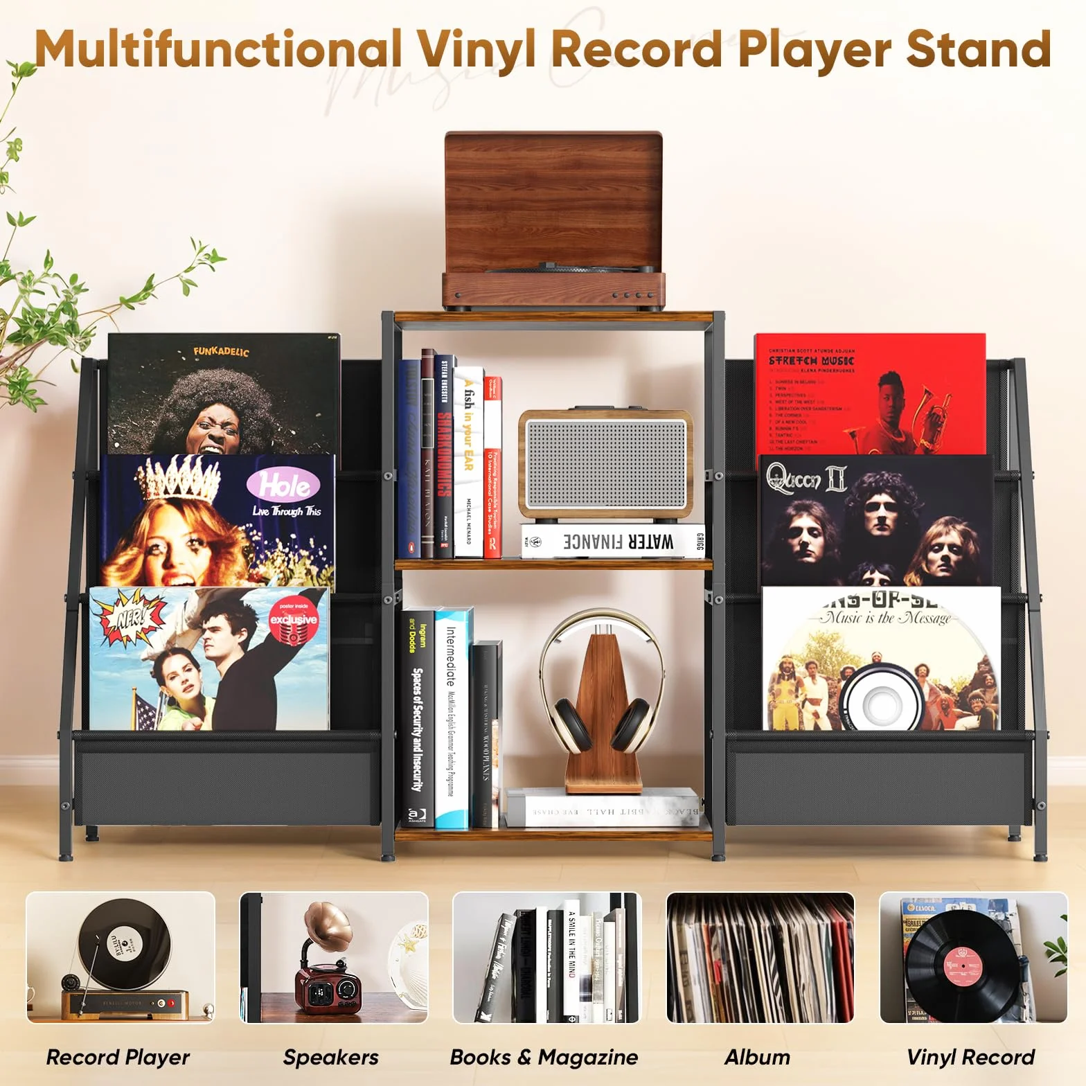 Soporte tocadiscos, mesa auxiliar de 3 niveles, almacenamiento de discos de vinilo de hasta 200 álbumes, 123 x 30 x 73 cm, soporte de mesa giratoria para la visualización y almacenamiento en