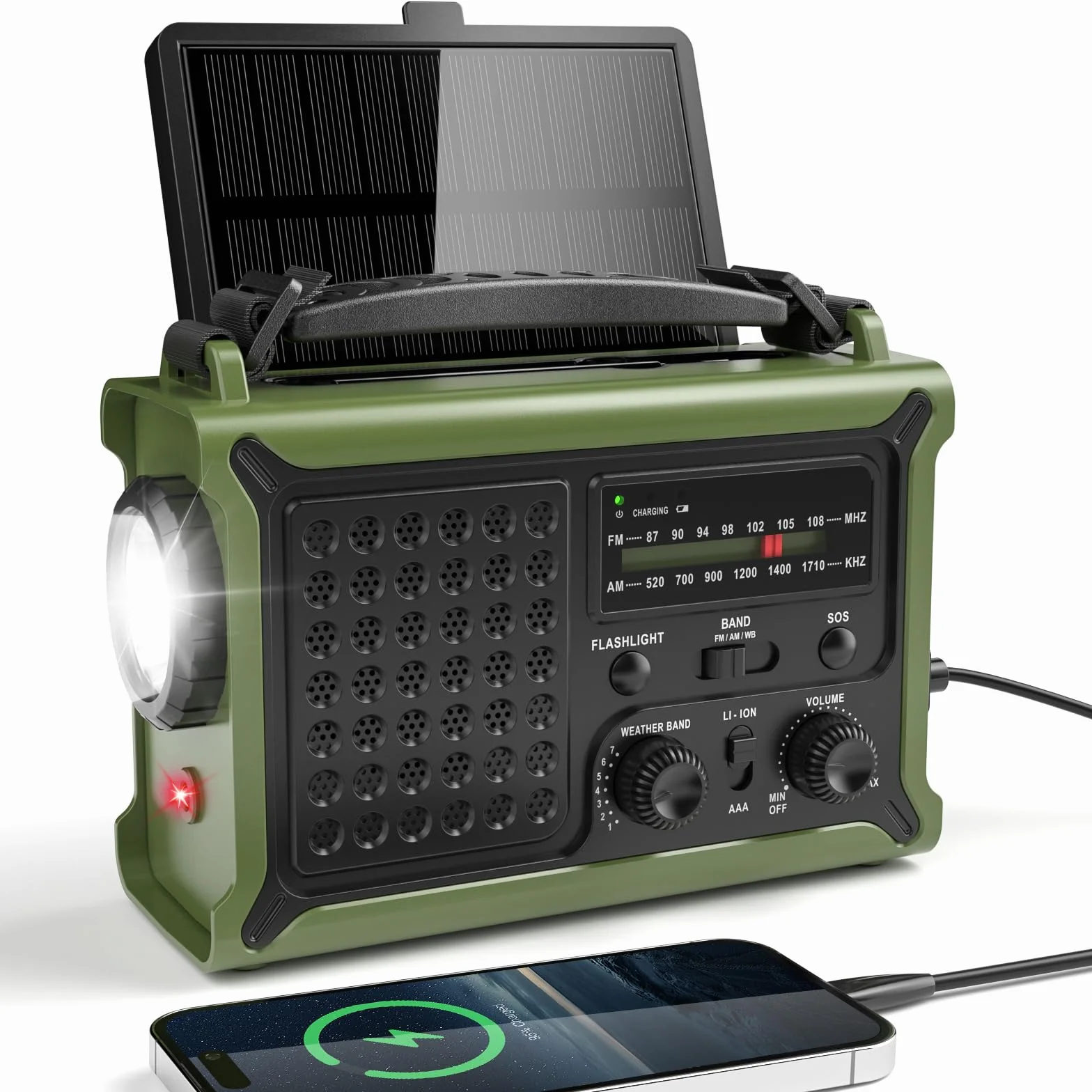 Radio Solar de Emergencia, Radio Am/FM con Manivela y Batería Recargable 12000mAh para Carga de Emergencia de Smartphone, Linterna LED, Luz de Lectura y Alarma SOS para Exteriores y Viajes