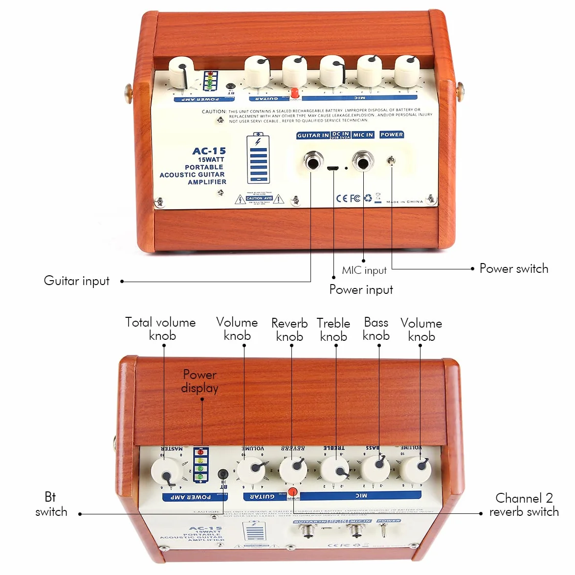 Amplificador de guitarra acústica de 15 W Amp AC-15 BT altavoz con entrada de micrófono, soporta volumen, graves, control de agudos, efecto de reverberación, batería recargable integrada