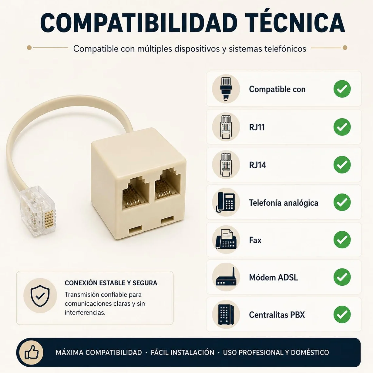 CABLEPELADO Bifurcador de telefono 6P4C RJ11 Macho a Doble RJ11 | Adaptador con cable - Beige