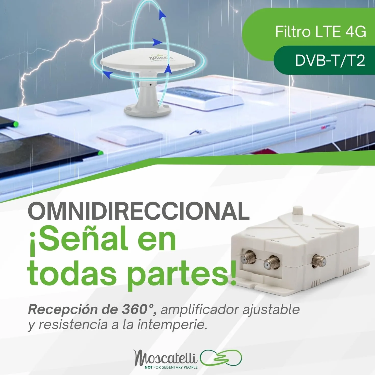 MOSCATELLI Antena TV Omnidireccional TDT DVB-T/T2 Exterior para Autocaravana - Filtro Integrado LTE 4G - 12v-24v-220v - Impermeable Kit Completo Amplificador