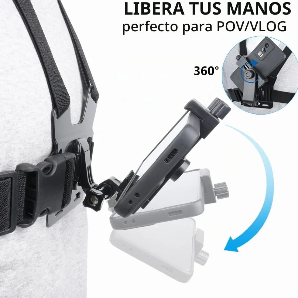 Arnés de Pecho Soporte de Pecho, Arnés de Cabeza para Action CAM, Arnés de Soporte de Teléfono + Correa de Cabeza Compatible con GoPro y Otras Cámaras de Acción