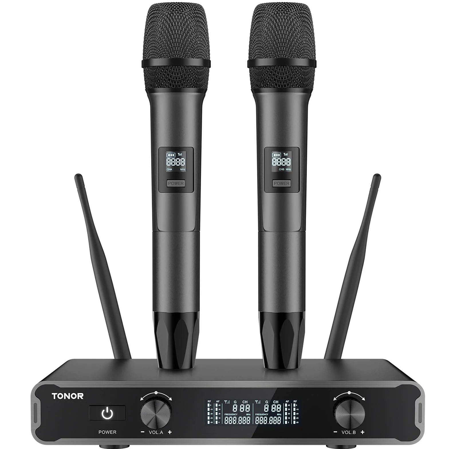 TONOR Micrófonos inalámbricos, Micro de Mano Doble Dinámico, Karaoke Sistema de Mic con Receptor para Karaoke, KTV doméstico, DJ, Boda, Fiesta, Iglesia, 2x5 UHF Frecuencias Ajustables, 60M TW450 Gris