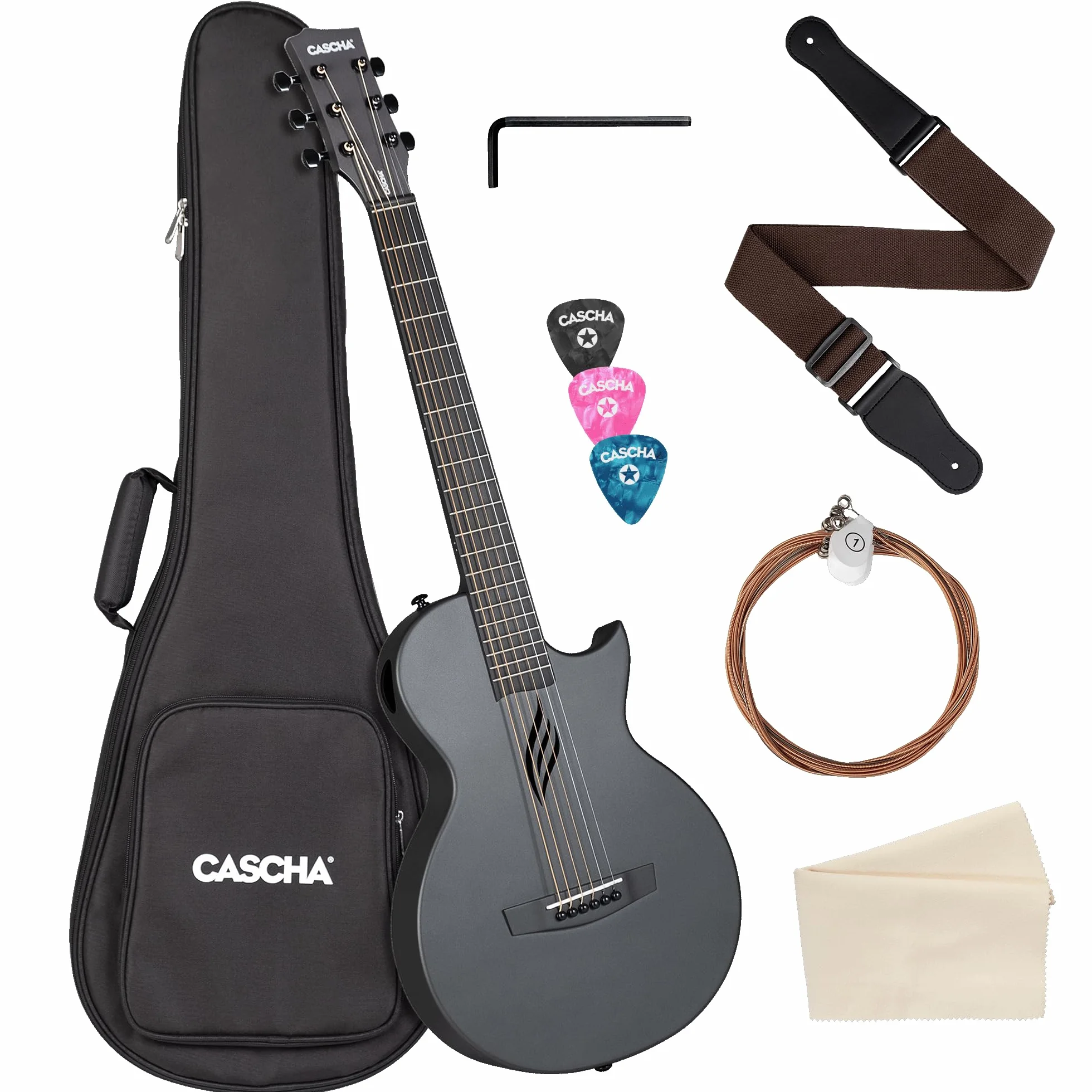 Cascha Guitarra acústica de fibra de carbono para principiantes, guitarra acústica para adultos, incluye funda, correa, paño de limpieza, púas y cuerdas de repuesto