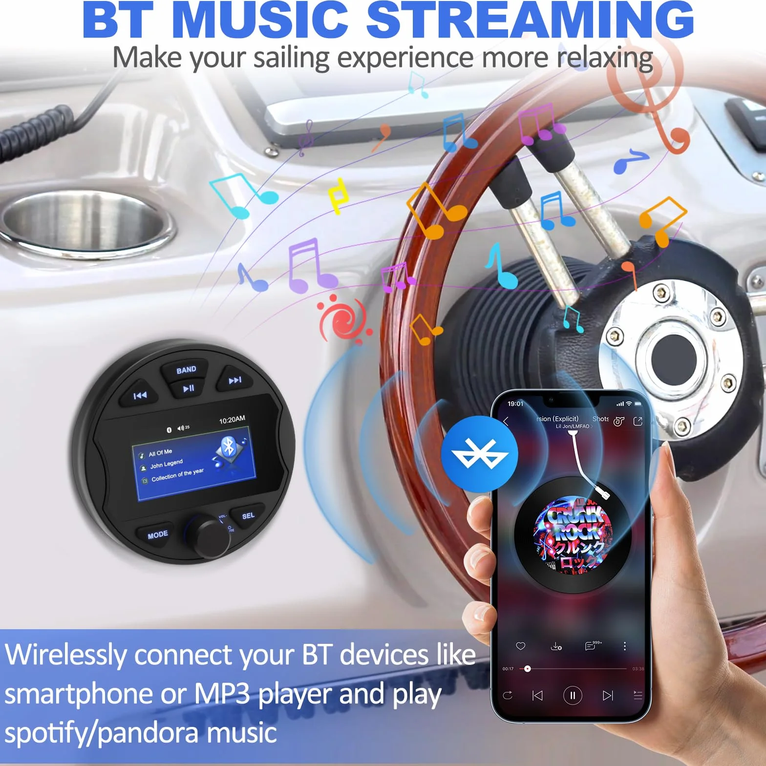 Radio marina RCA subwoofer barco estéreo MP5 reproductor multimedia para BT & FM/AM funcional, USB IPX6 resistente al agua para barcos y uso profesional