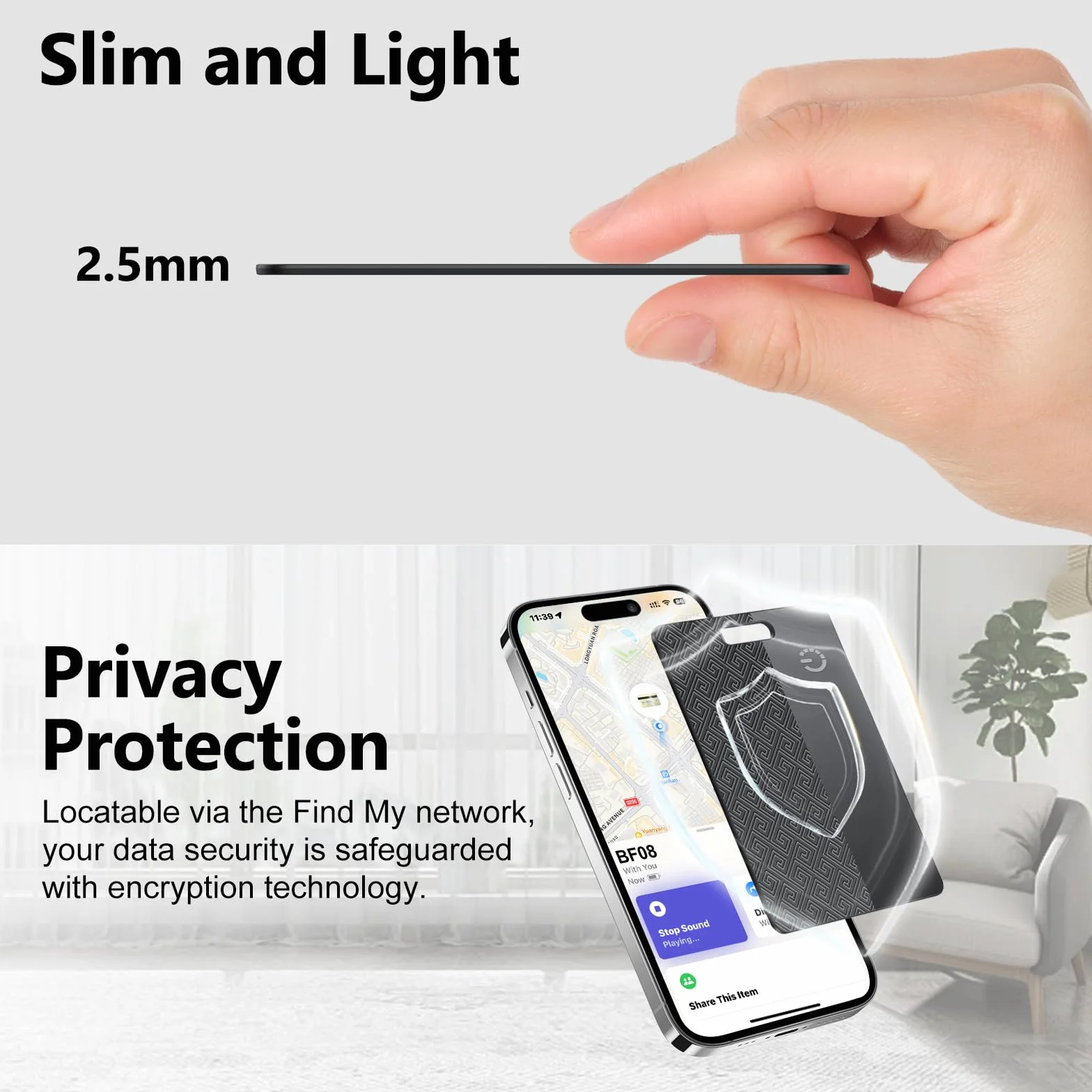 Wallet Tracker Card Air (Solo iOS): Compatible con Apple Find My, rastreador Bluetooth, Tarjeta de rastreo Inteligente, buscador de Carteras, 0,07 Pulgadas de Grosor, Resistencia al Agua IP68, Negro