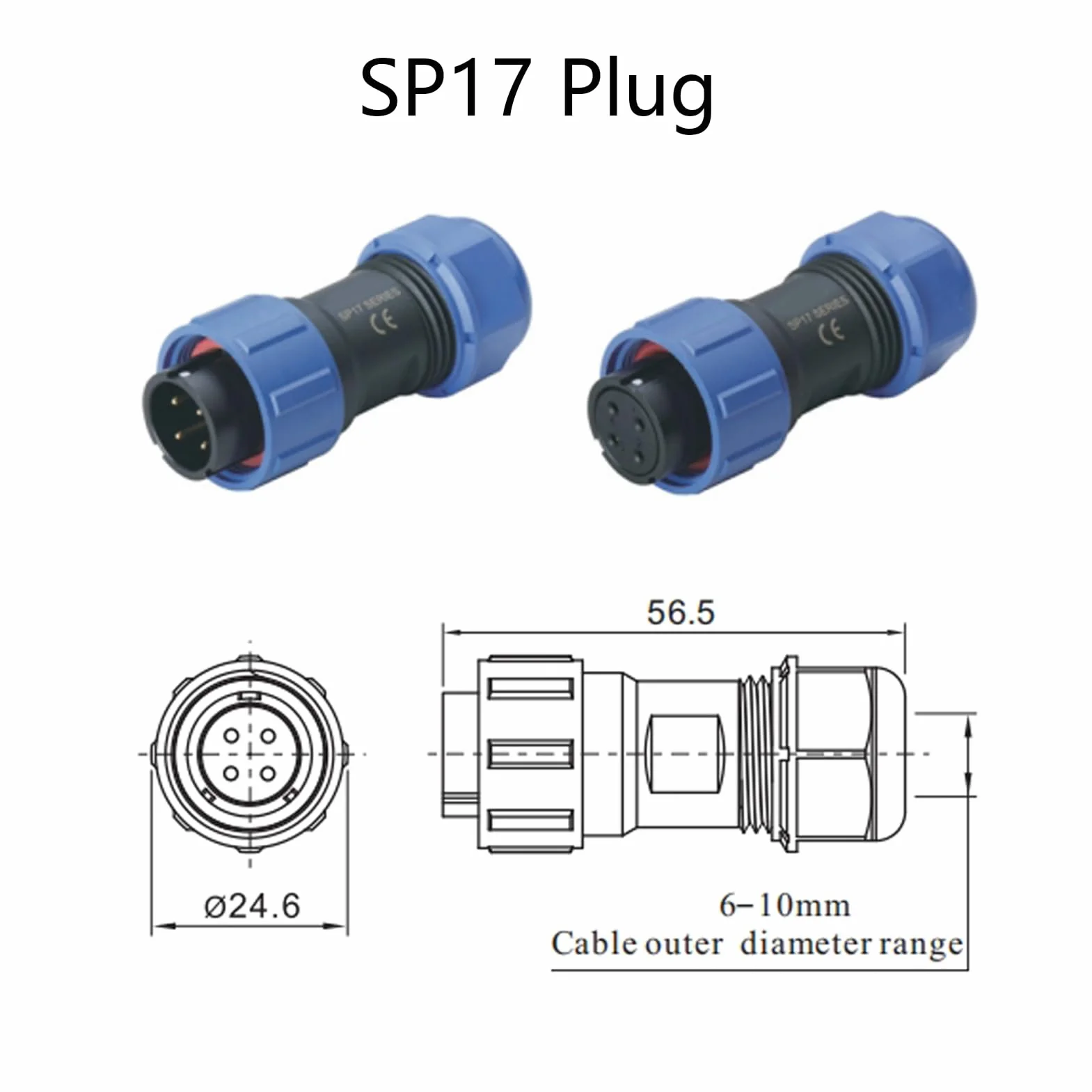 2 conectores SP17 de 2 pines - Conector de aviación macho y hembra - Conector de cable IP68 - 2 pines - para lámparas exteriores - 500 V 10 A