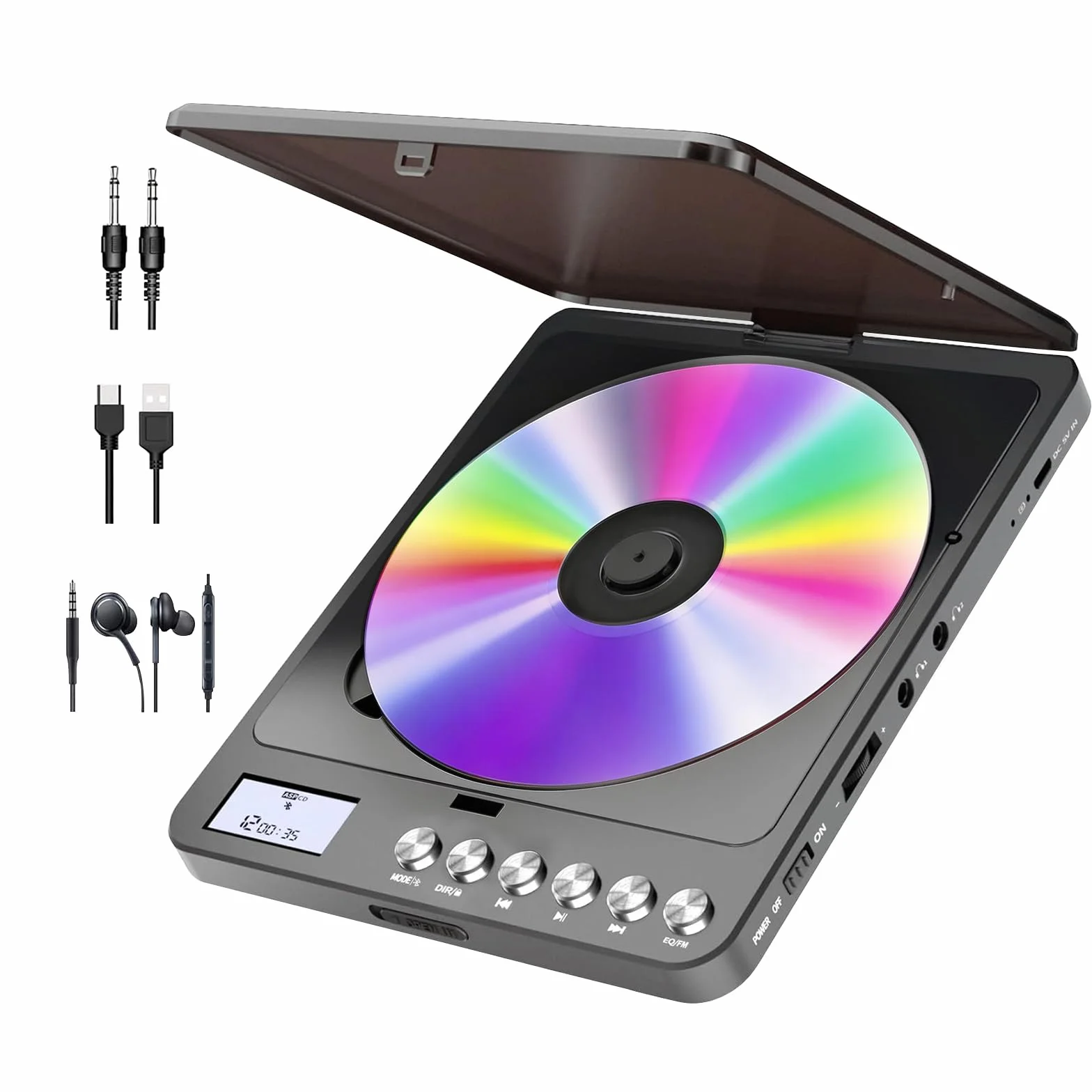 Reproductor de CD Portátil con Bluetooth 2000mAh Recargable Transmisor FM, Doble Jack 3.5mm para Coche