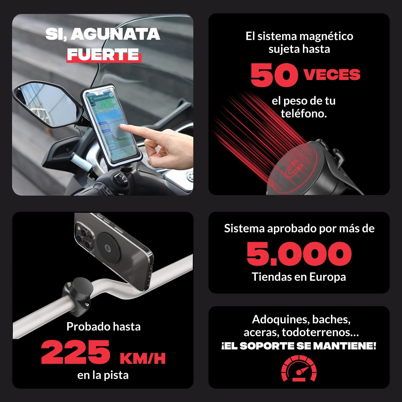 Shapeheart Soporte Móvil Moto Magnético con Fijación Manillar Universal Placa Metálica