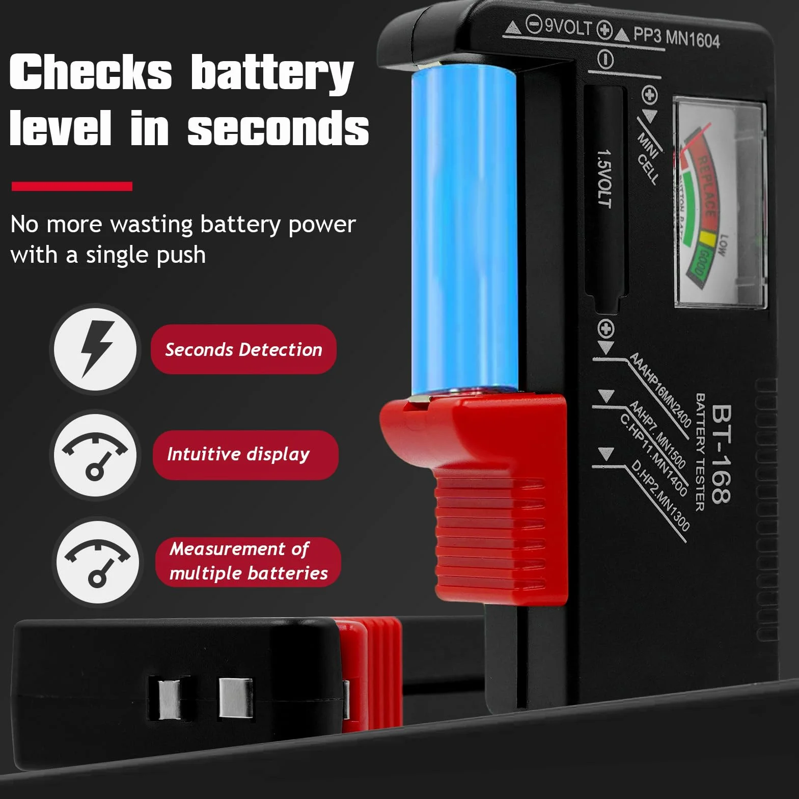Comprobador de Pilas,Probador de la Batería,Probador Universal de Batería para pilas AA AAA C D 9V 1.5V y Célula del Botón (Negro)