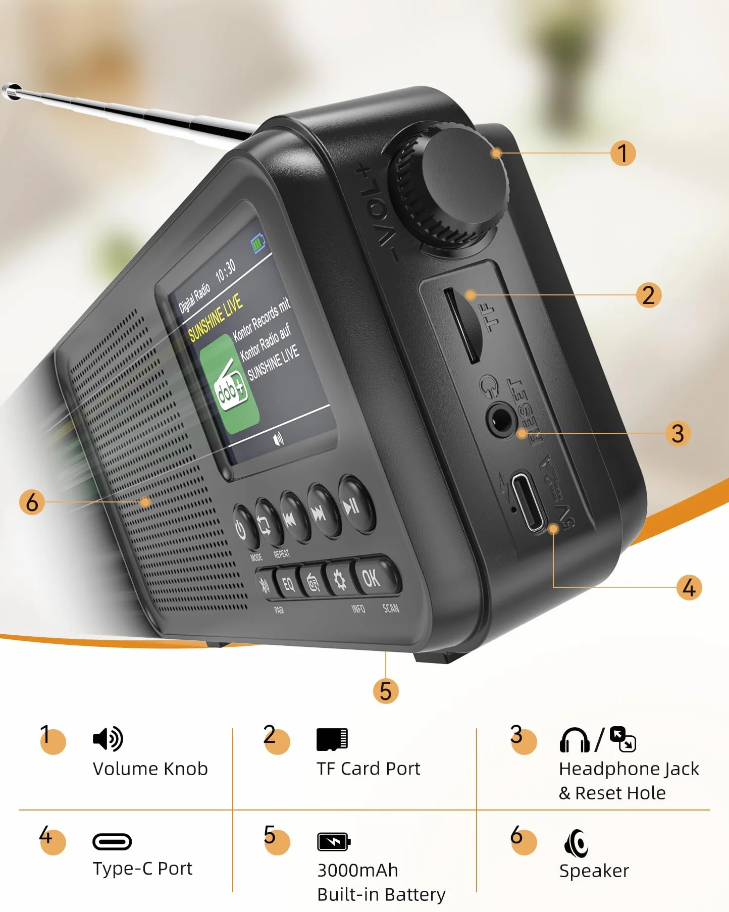 Mesqool Radio Digital Dab&FM con Bluetooth, Batería Recargable de 3000mAh, Compatibilidad con Tarjetas TF de 64GB, Carga Tipo C, Toma de Auriculares, 40 Presintonías FM & 40 Dab, Doble Alarma