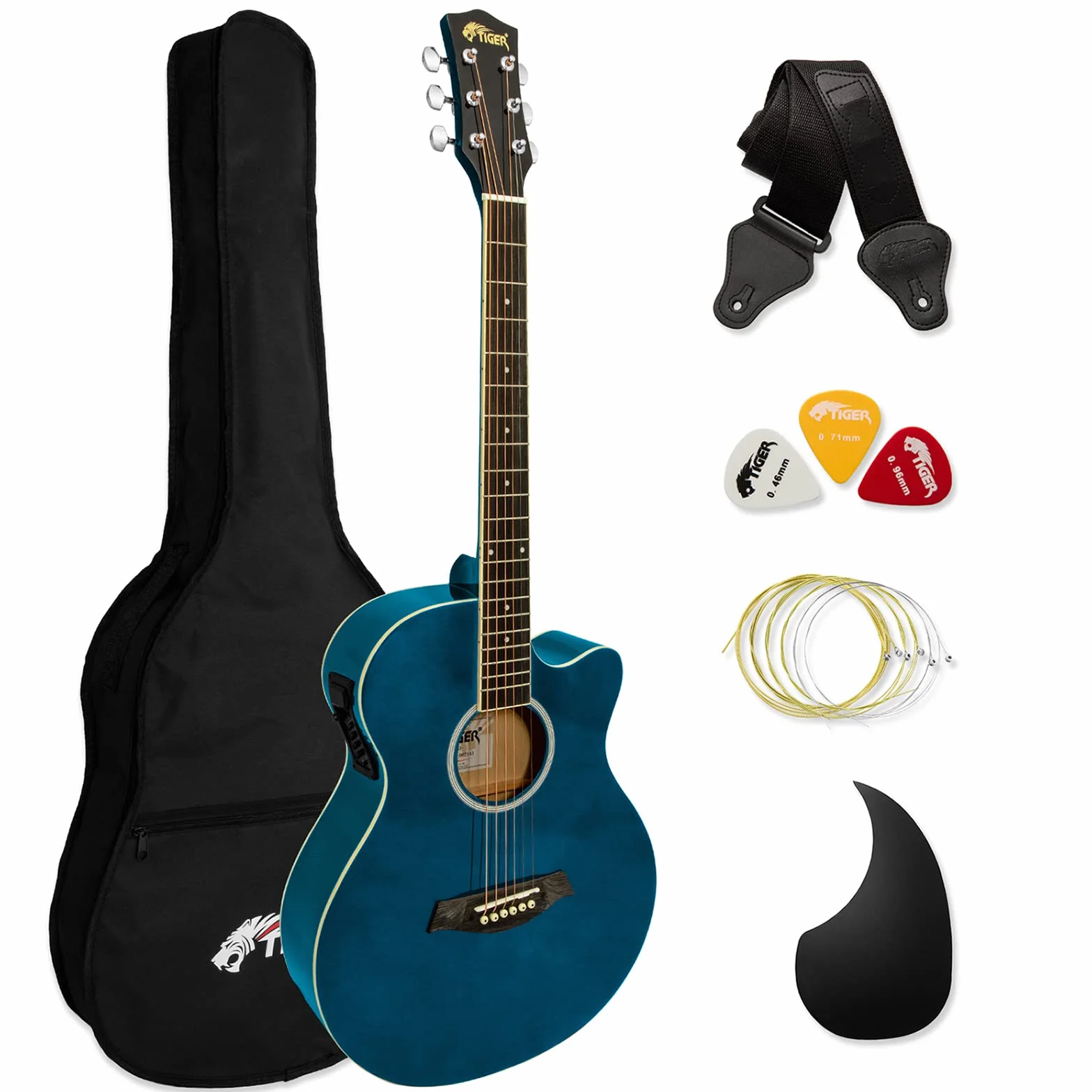 TIGER ACG4-BL Guitarra electroacústica para estudiantes de tamaño completo con ecualizador incorporado, funda, correa, cuerdas de repuesto y púas - Azul