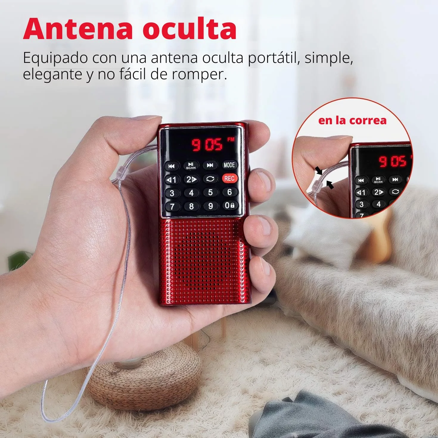 PRUNUS J-328 FM Radio Portátil Pequeña Recargable con Grabadora, Mini Radio de Bolsillo SD/TF/AUX, Reproductor de Música (Rojo)