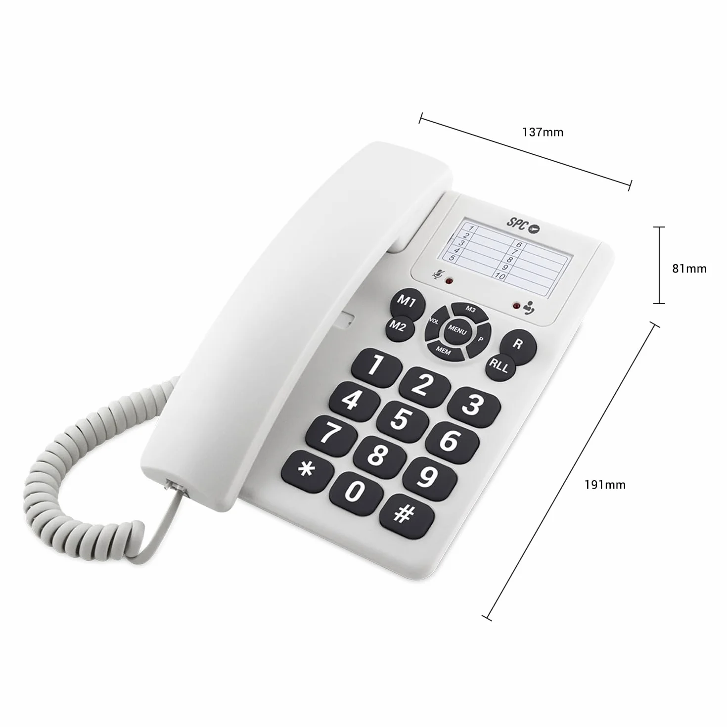 SPC Original Telefono Fijo Sobremesa Pared Teclas Grandes 3 Memorias Directas Volumen Timbre Extra Alto Blanco