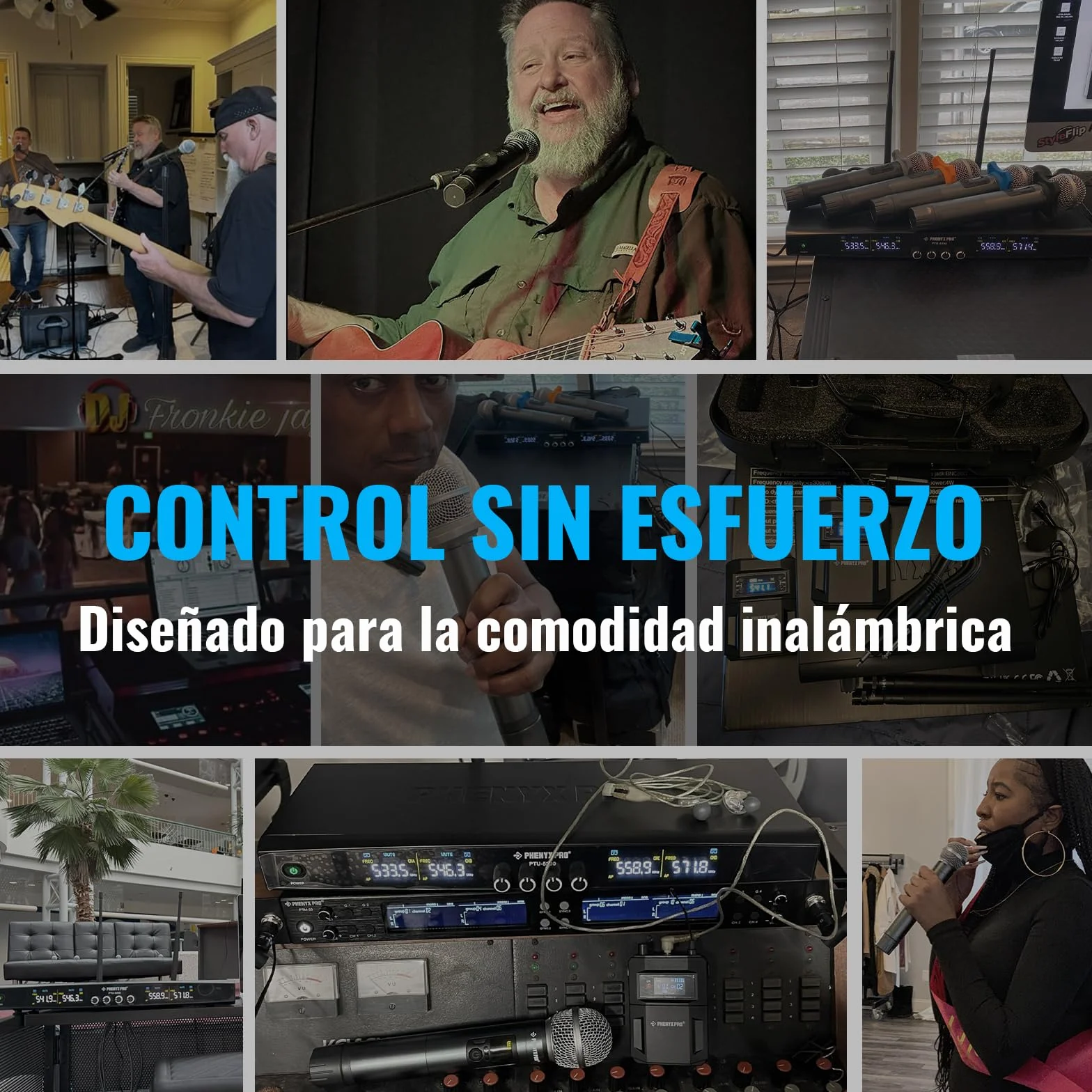 Phenyx Pro Sistema de Micrófono Inalámbrico de Metal, Micrófonos Dinámicos Inalámbricos de Mano para Canto, Karaoke, 2x30 Frecuencias Sintonizables UHF, Alcance de 200 pies (PTU-52-2H)