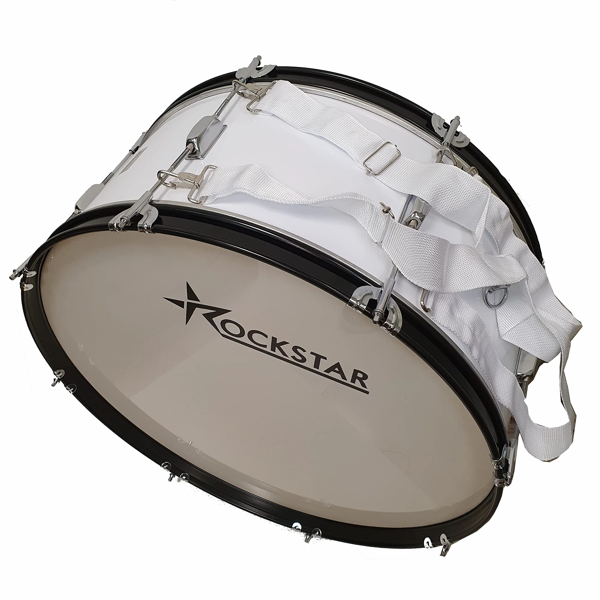 ROCKSTAR - Bombo Banda Charanga y Animación Futbol B1071 25"x 10" (63cm x 25cm), Maza y Correas Cruzadas, Color Blanco