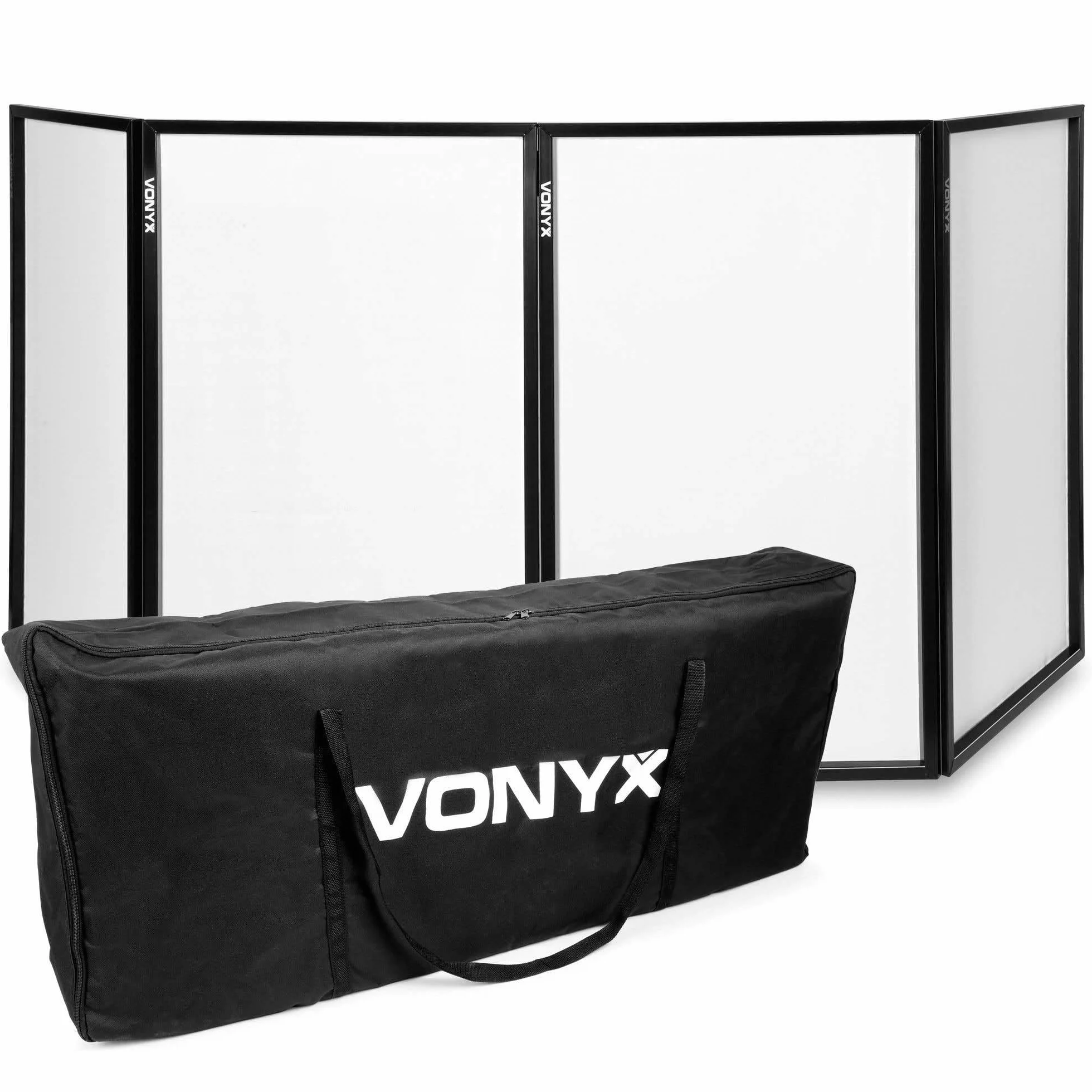 Vonyx DB2 Pantalla DJ Profesional - 4 Paneles Plegables de 70x120 cm, Incluye Paños de Lycra Blancos y Bolsa de Transporte, Acero Negro, Diseño Compacto para DJs Móviles y Eventos