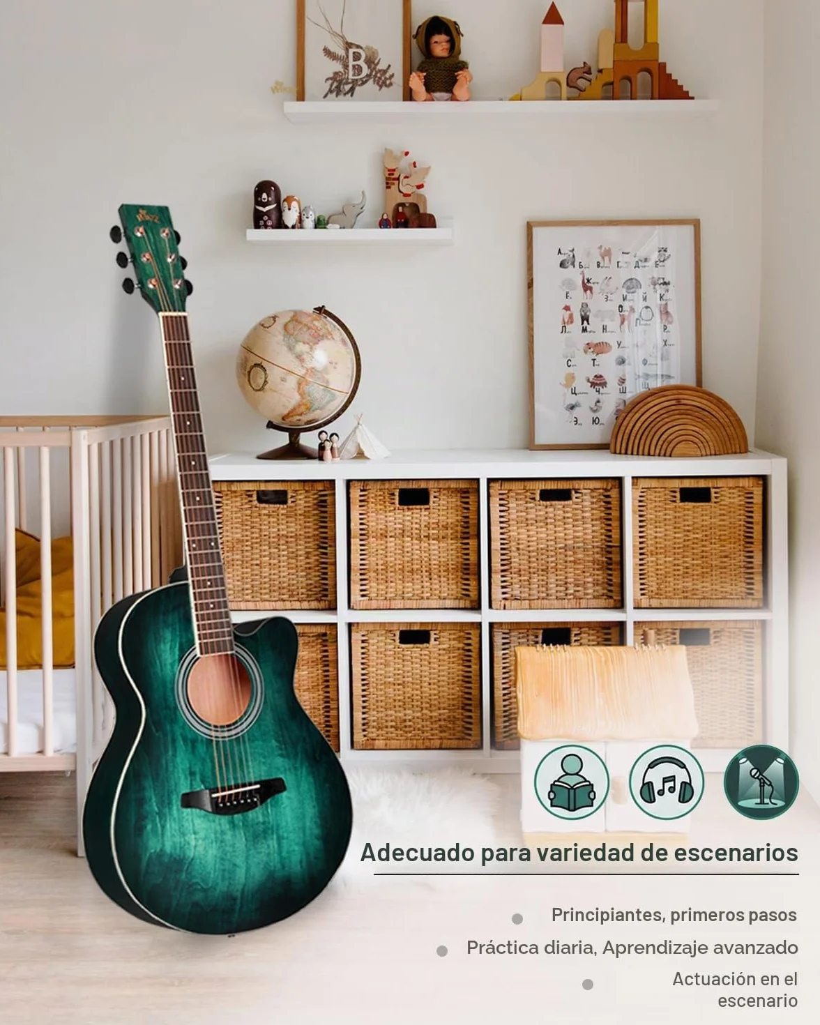 Winzz 40 Pulgadas Guitarra Acústica con Cuerdas de Acero para Principiantes Adultos y Estudiantes, Elegante Diseño de Color Único (Azul-Verde)