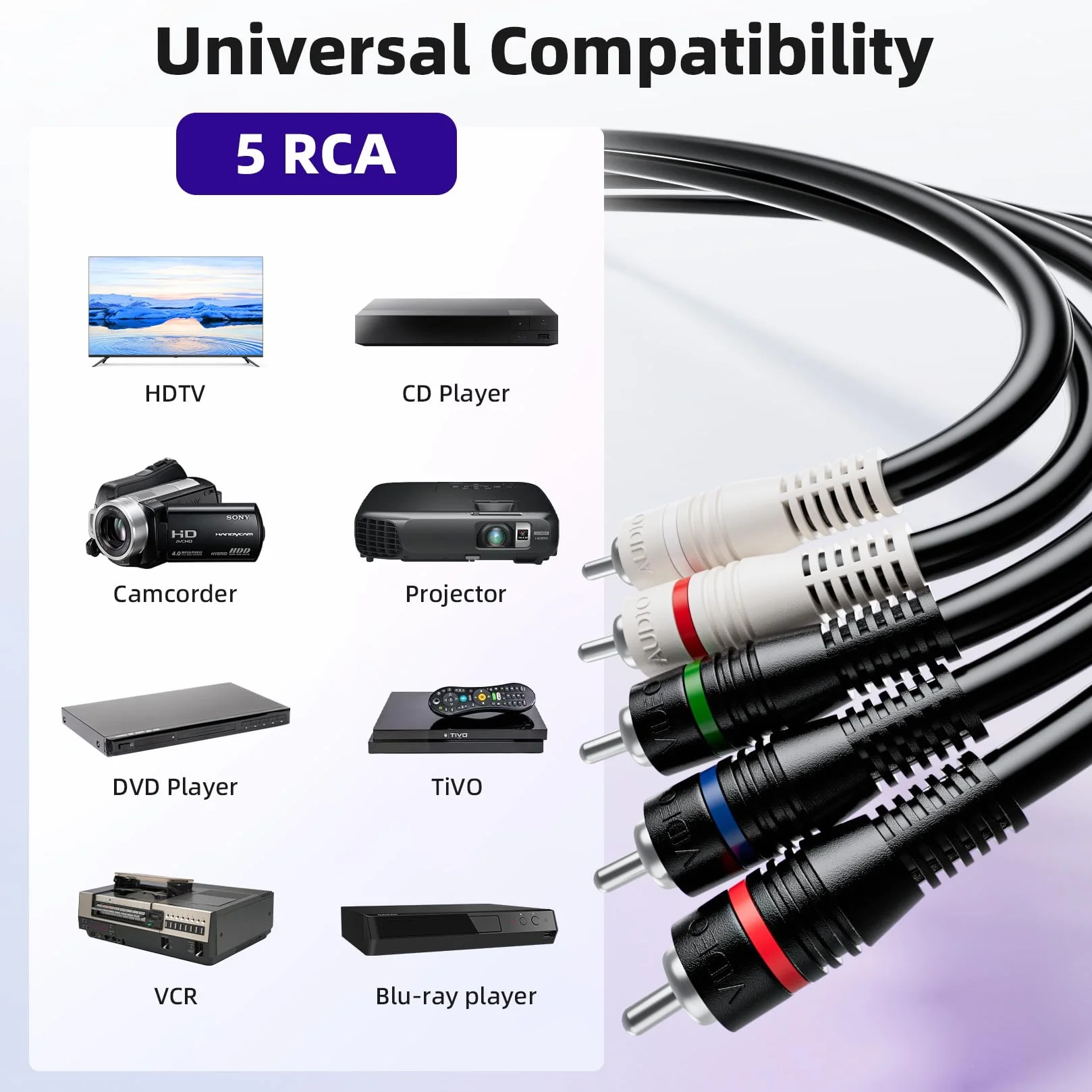 5 cables RCA de 6 pies, cable de componente RCA divisor de audio y video, YPbPr RGB AV cable 1080i macho/macho para DVD, STB, TV Box, HDTV, 1,8 m