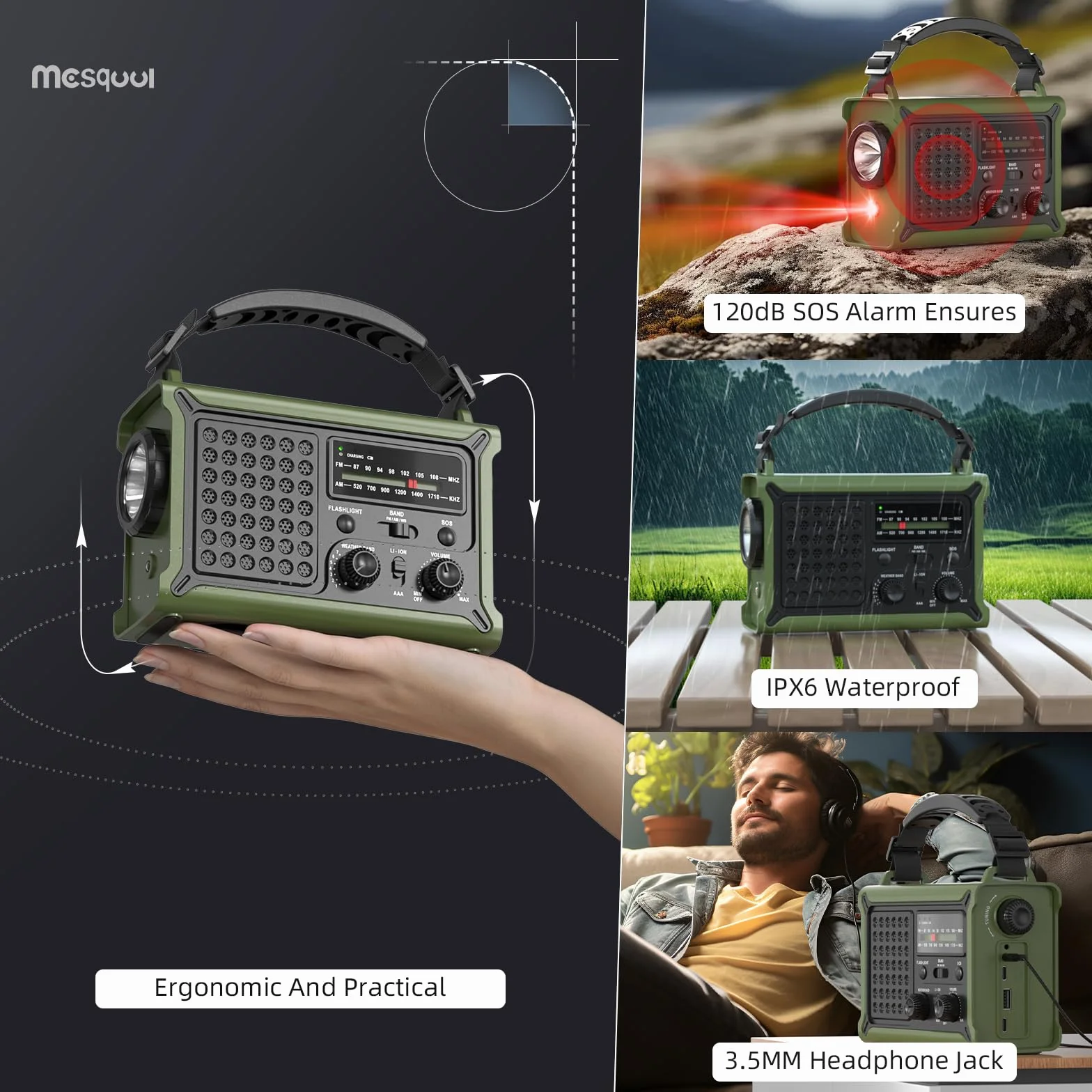 Radio Solar de Emergencia, Radio Am/FM con Manivela y Batería Recargable 12000mAh para Carga de Emergencia de Smartphone, Linterna LED, Luz de Lectura y Alarma SOS para Exteriores y Viajes