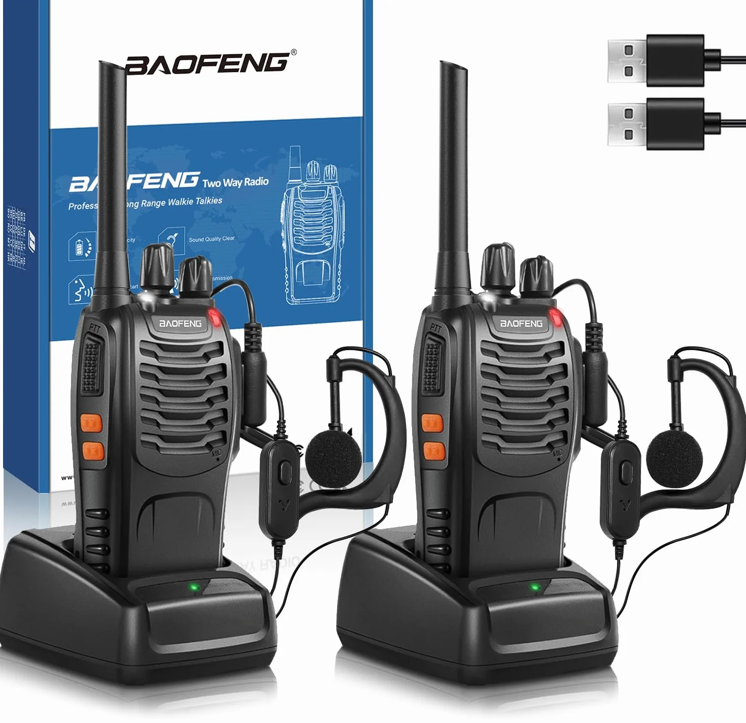 Baofeng Walkie Talkie Profesional PMR Radiocomunicación USB Recargable 16 Canales de Larga Distancia Portátil Walkie Talkies con Auriculares y Luz LED (Negro, 1 Pare)